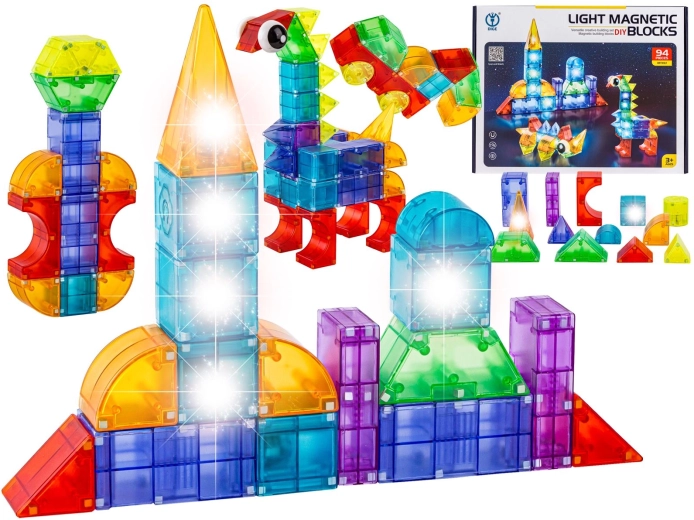 Magnetne svetleče konstrukcijske kocke 3D – 94 delov