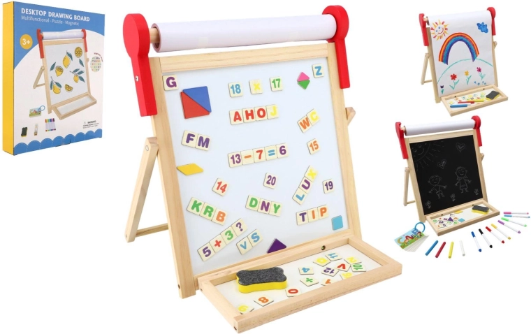 Dvostranska magnetna otroška lesena tabla 33 × 33 cm z rolo papirja in dodatki