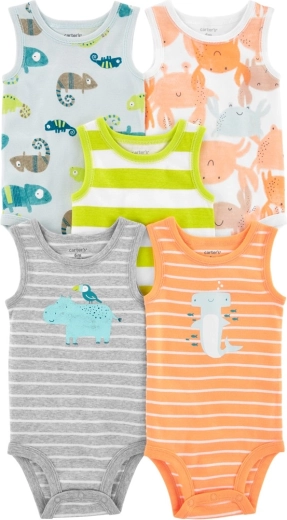 Carter's cotton sleeveless bodysuits for boys – set of 5 pcs Stripes & Animals (6 months)