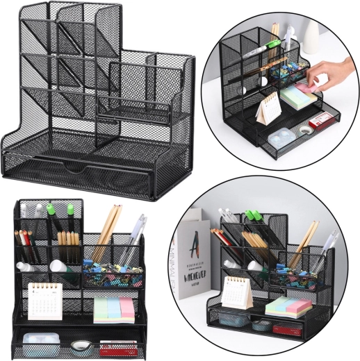 Kovinski namizni organizator za pisarniške potrebščine – črn