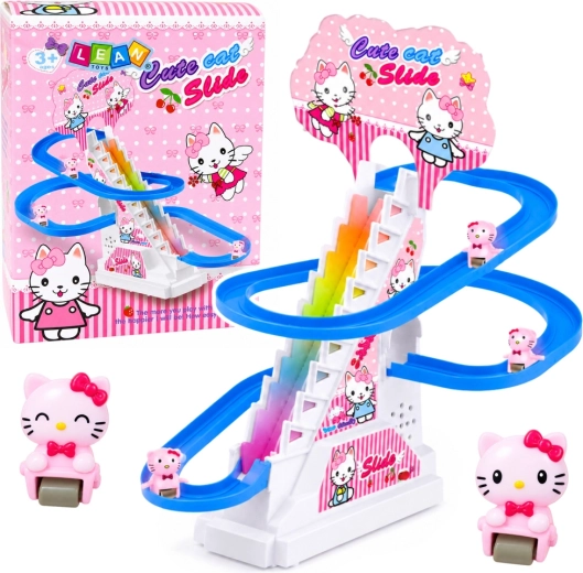 Interactive kitten slide track with moving stairs, lights and music