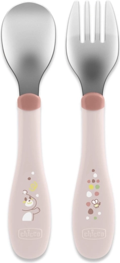 Chicco otroški nerjavni pribor rožnat (od 18 mesecev)