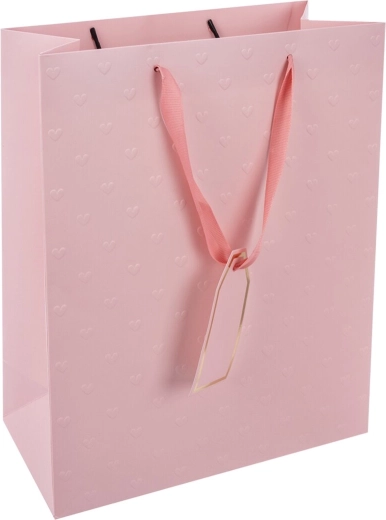 Rožnata darilna papirnata vrečka s srčki 26 × 12 × 32 cm