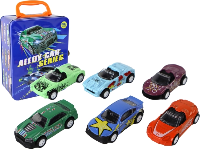 Komplet kovinskih avtomobilčkov s trenjnim pogonom v kovinskem kovčku 1:64, 6 kos