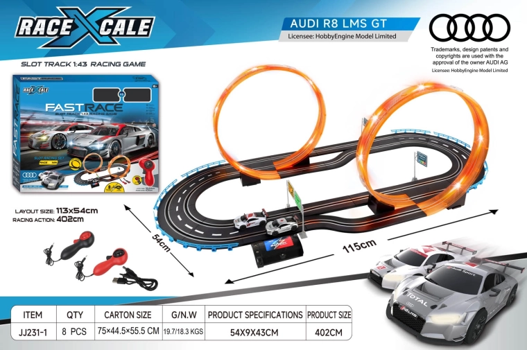 Tekmovalna avtomobilska steza na daljinsko upravljanje Audi R8 1:43, 115 × 54 cm