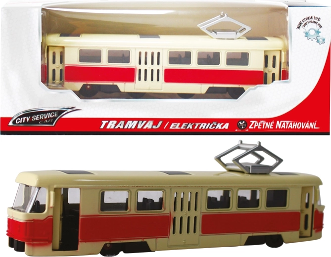Kovinski tramvaj 1:90 rdeč z vzmetnim pogonom (pull-back)