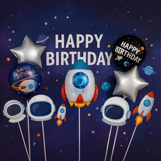 Komplet folijskih balonov vesolje – raketa in astronavt, 5 kos