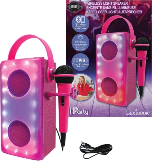 Rožnati karaoke Bluetooth zvočnik z mikrofonom LEXIBOOK iParty s svetlobnimi učinki