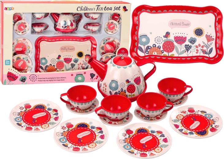 Kavna garnitura Čajne skodelice Čajnik Pladenj Rdeča kavarna 15 delov.