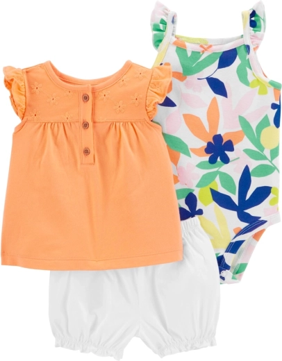 Carter's trideleni komplet za deklico Orange Flower (body, majica in kratke hlače) 9 m