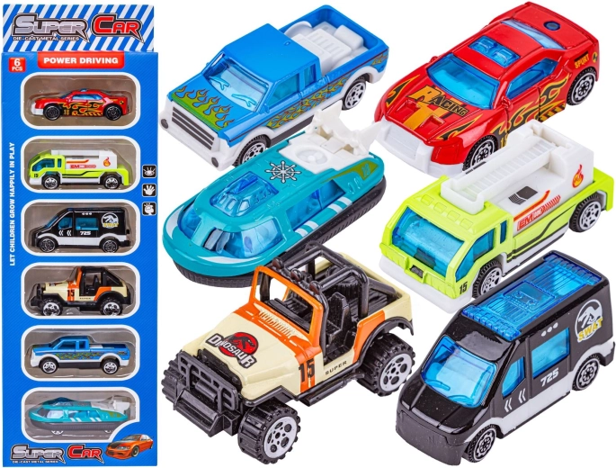 Komplet kovinskih avtomobilčkov 1:64 – turistični miks 6 kosov (SWAT, zračno plovilo, jeep)