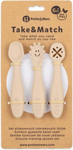 Petite&Mars set 3 silikonskih učnih žličk Take&Match desert sand 6m+