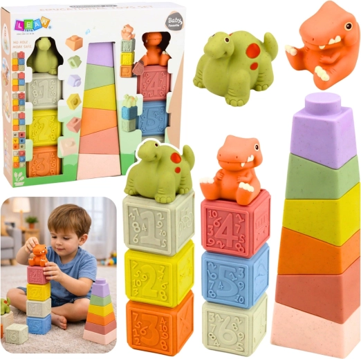 Mehke senzomotorične gumijaste kocke in piramida z dinozavri, 14 kosov