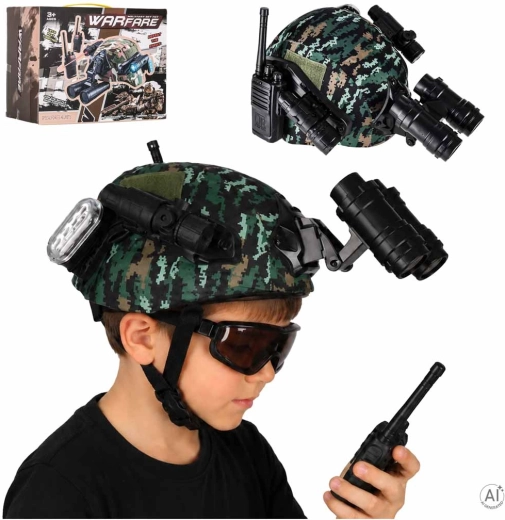 Military soldier set with helmet, walkie-talkies and binoculars