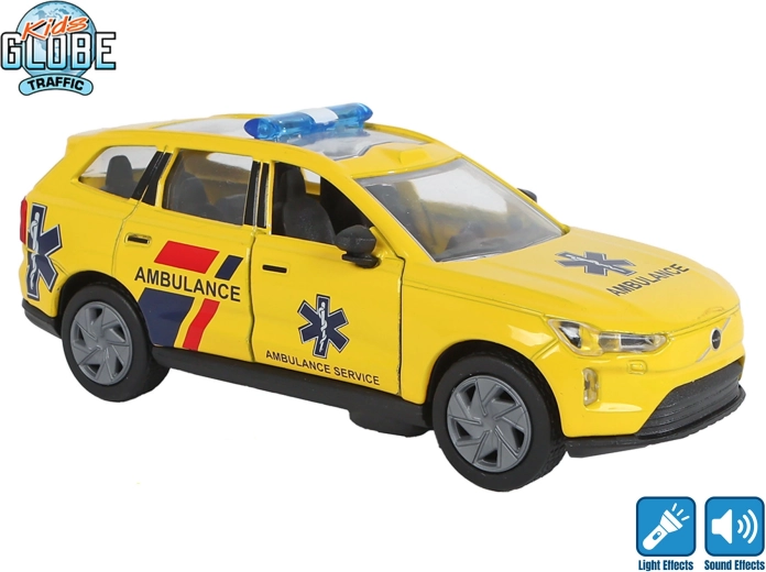Kids Globe Traffic kovinska reševalna vozila Volvo EX90 z vzvratnim potegom, lučmi in zvokom 13,5 cm