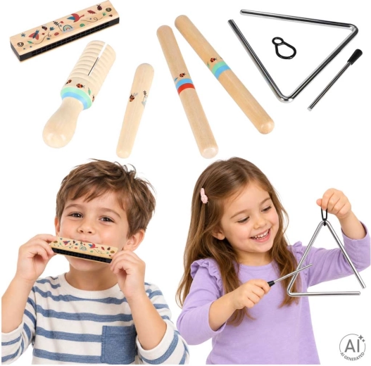 Lesena glasbila za otroke – set (trikotnik, ritmične palčke, ustna harmonika, guiro)