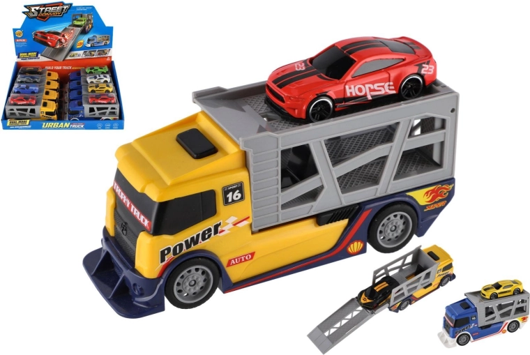 Plastični kamion – prevoznik z osebnim avtom 15 cm, prosti tek, 2 barvi