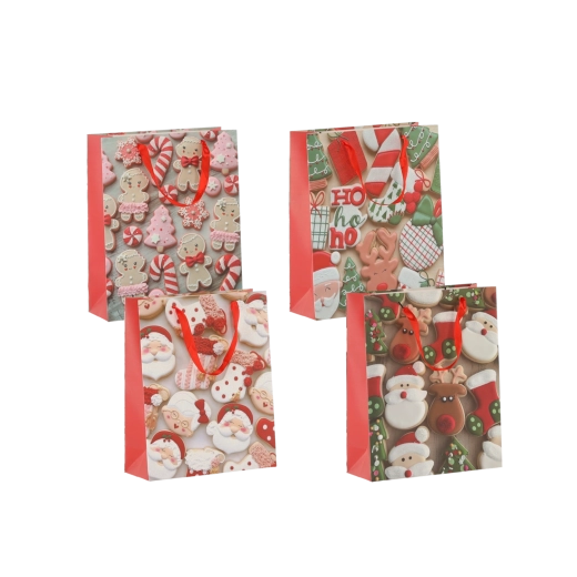 Božične darilne vrečke z motivom piškotov 18 × 24 × 8 cm, rdeči trakovi, komplet 12 kos