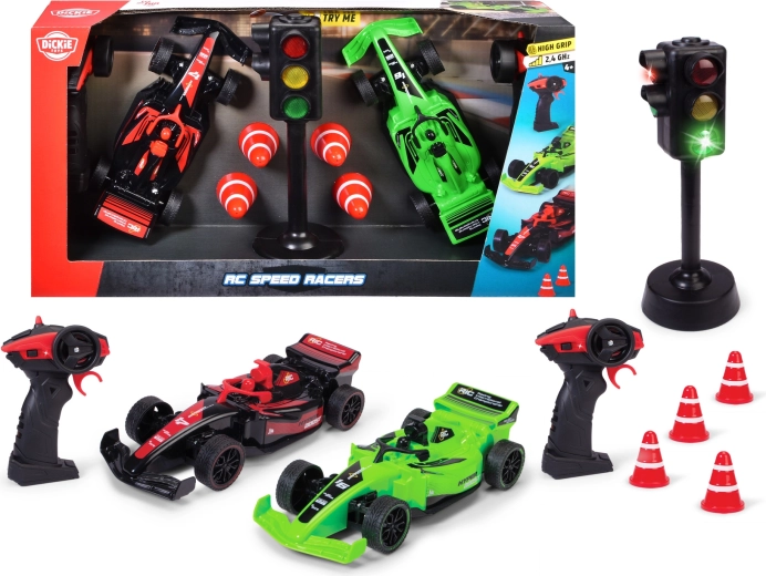 Dickie RC Speed Racers – komplet dveh dirkalnih avtomobilov na daljinsko upravljanje s svetlobno signalizacijo in stožci