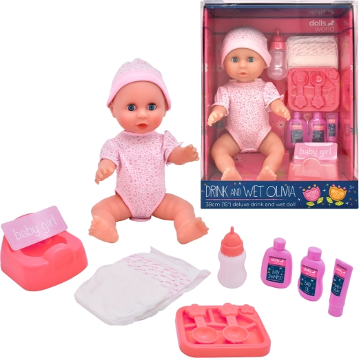 Dolls World dojenček Olivia 38 cm pije in lula z zapiralnimi očmi in dodatki