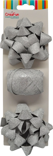 Bleščeč srebrn darilni paket (trak 10 m + 2 zvezdasti pentlji 9 cm)