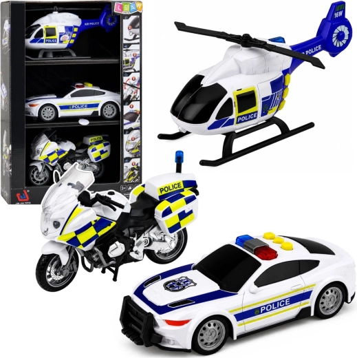 Komplet policijskih vozil s helikopterjem, avtomobilom in motorjem z lučmi in zvoki 1:32