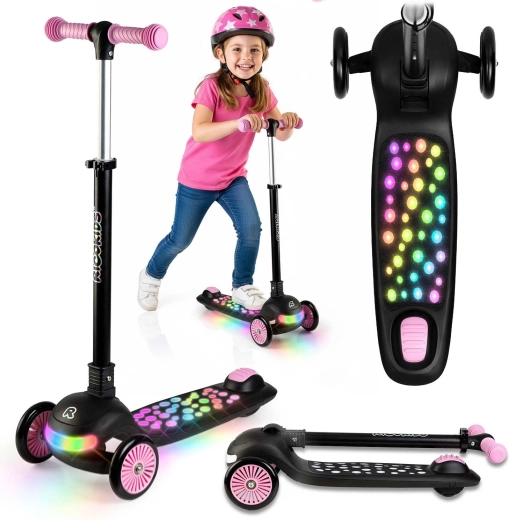 Otroški trikolesni balansirni skiro z LED osvetlitvijo Ricokids Glowi – črno‑rožnat