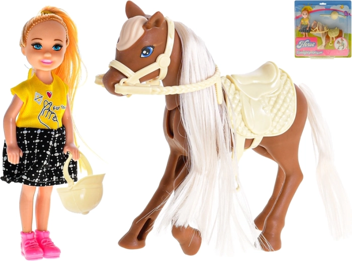 Punčka s konjem in jahalno opremo 13 cm