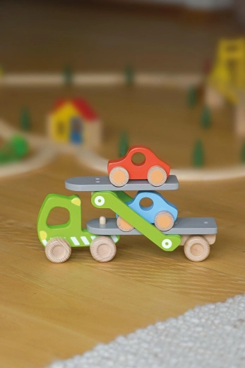 Wooden car transporter with tipping ramp and 2 little cars - 1 piece