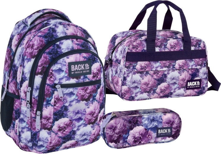 BackUP Violet Bloom ugoden set 3 v 1: šolski nahrbtnik, peresnica in športna torba