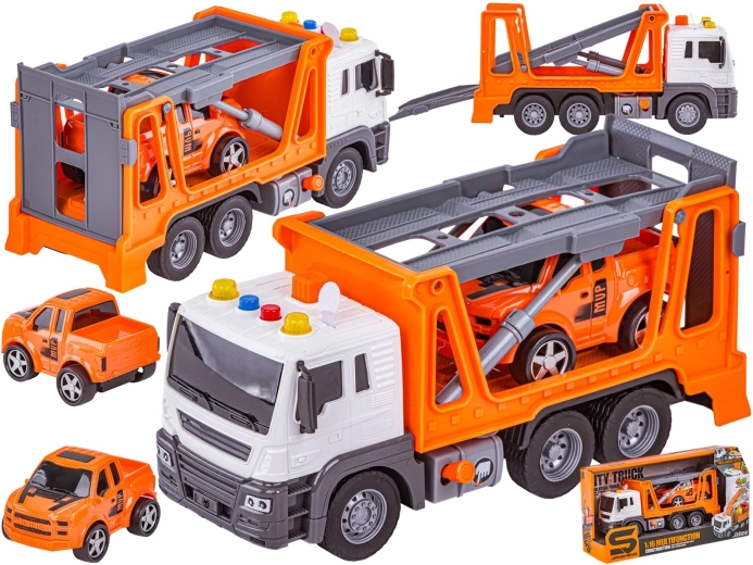 Multifunction tow truck – flatbed tow truck and transporter with light and sound 1:16 + car