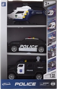 Set policijskih avtomobilov in helikopterja z zvokom in lučmi na baterije