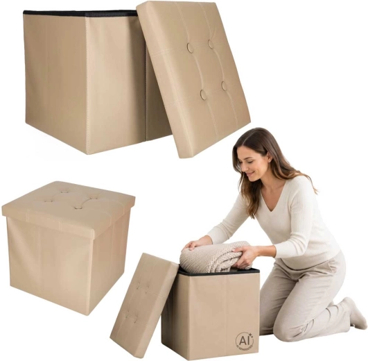 Foldable storage ottoman in beige eco-leather 38 × 38 × 36 cm