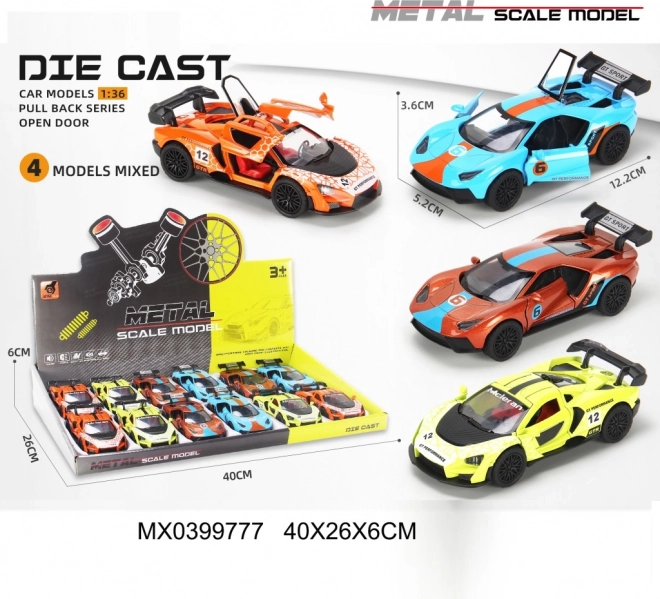 Kovinski dirkalni avtomobilček 1:36 z odpiralnimi vrati in pogonom na vztrajnik