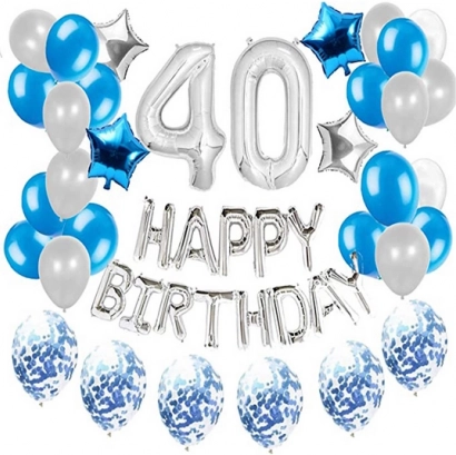 40th Birthday Balloon Set in Silver and Blue - 45 pcs