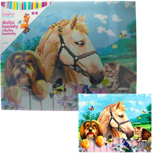 Diamantno slikanje – deček, pes in mačka 40 × 50 cm