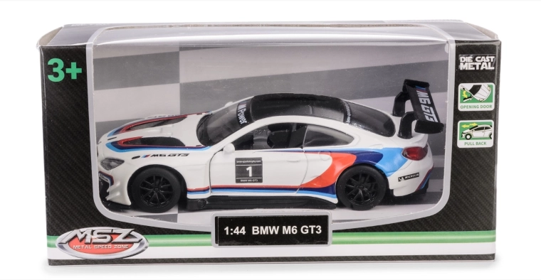 Model BMW M6 GT3 1:44 z odpiralnimi vrati in pull-back mehanizmom