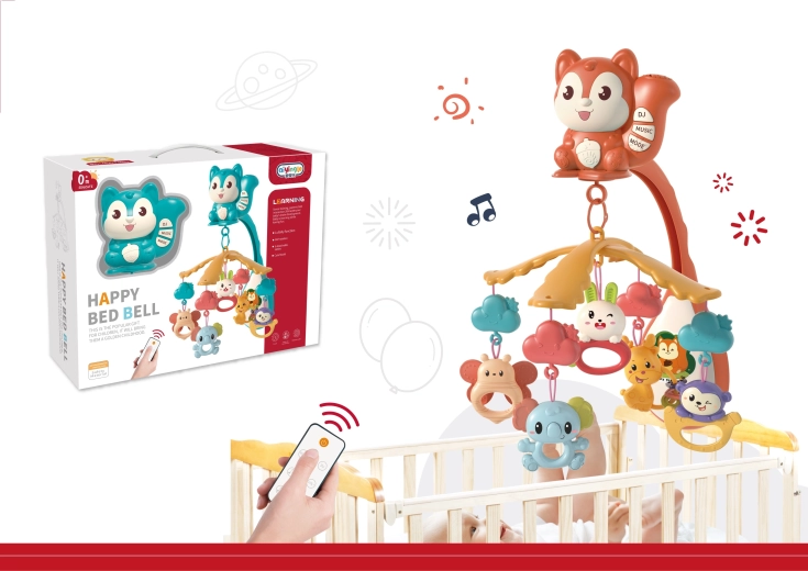 Vrtiljak nad posteljico Veverica s projektorjem in daljinskim upravljalnikom