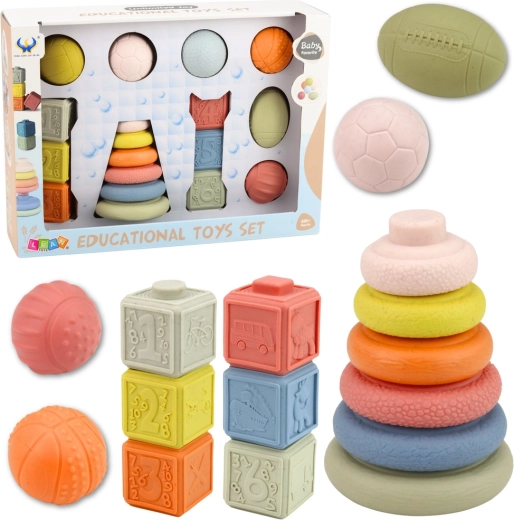 Senzorični set za dojenčke – mehke žogice, številčne kocke in zložljivi obročki, 18 kosov