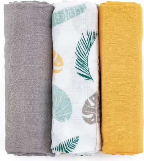 Petite&Mars set bambusovih muslinskih pleničk Moussy ochre leaves 3 kos 68 × 68 cm
