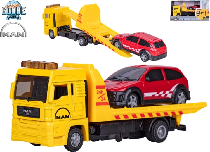 Kids Globe Traffic vlečna služba MAN – kovinski model z osebnim avtom 19 cm