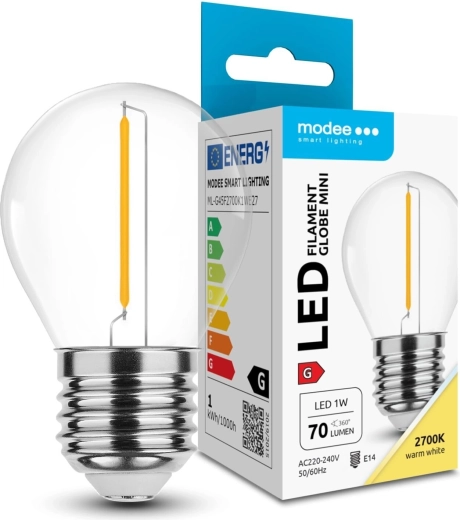 Modee LED filament mini žarnica G45 1W E27, toplo bela 2700K, 70 lm