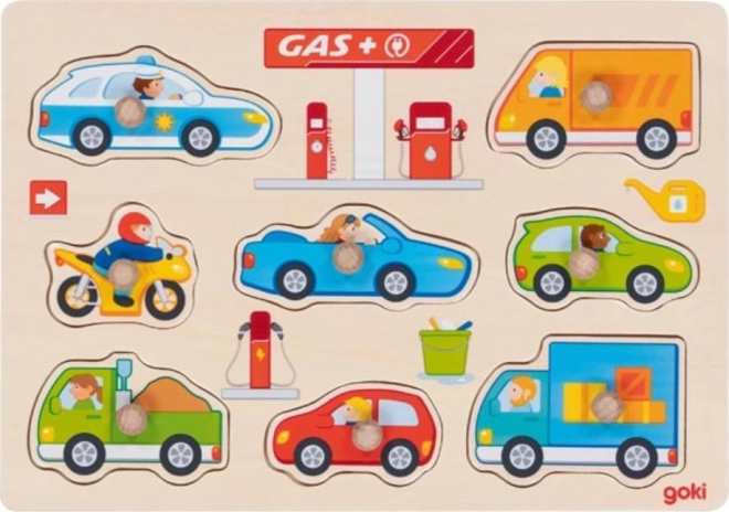Goki wooden peg puzzle – gas station