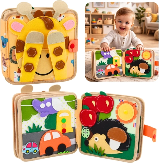 Senzorična filcna knjižica z žirafo – izobraževalna tiha knjiga za otroke