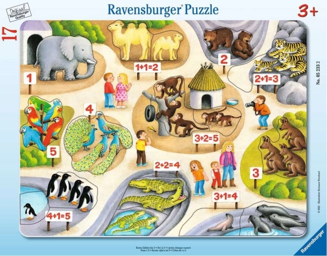 Ravensburger sestavljanka Prvi računi do pet v živalskem vrtu, 17 kosov