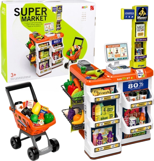 Otroški supermarket z blagajno, skenerjem in nakupovalnim vozičkom (pribl. 60 delov)