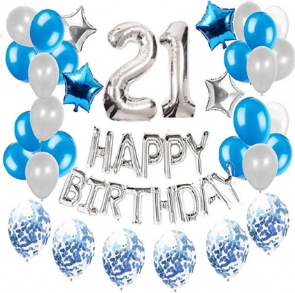 Set balonov za 21. rojstni dan - srebrni in modri
