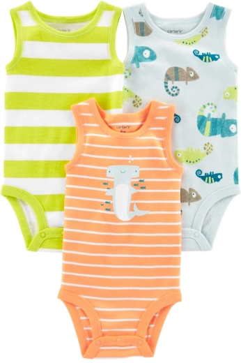 CARTER'S bombažni bodi brez rokavov stripes animals za fantke, 3 kosi – 6m