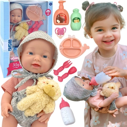 WOOPIE ROYAL Baby Doll 36 cm in Teddy Bear Outfit with Feeding Accessories