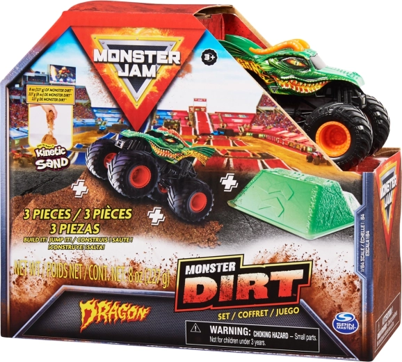 Monster Jam Dragon – kovinski monster truck 1:64 s skakalno rampo in peskom